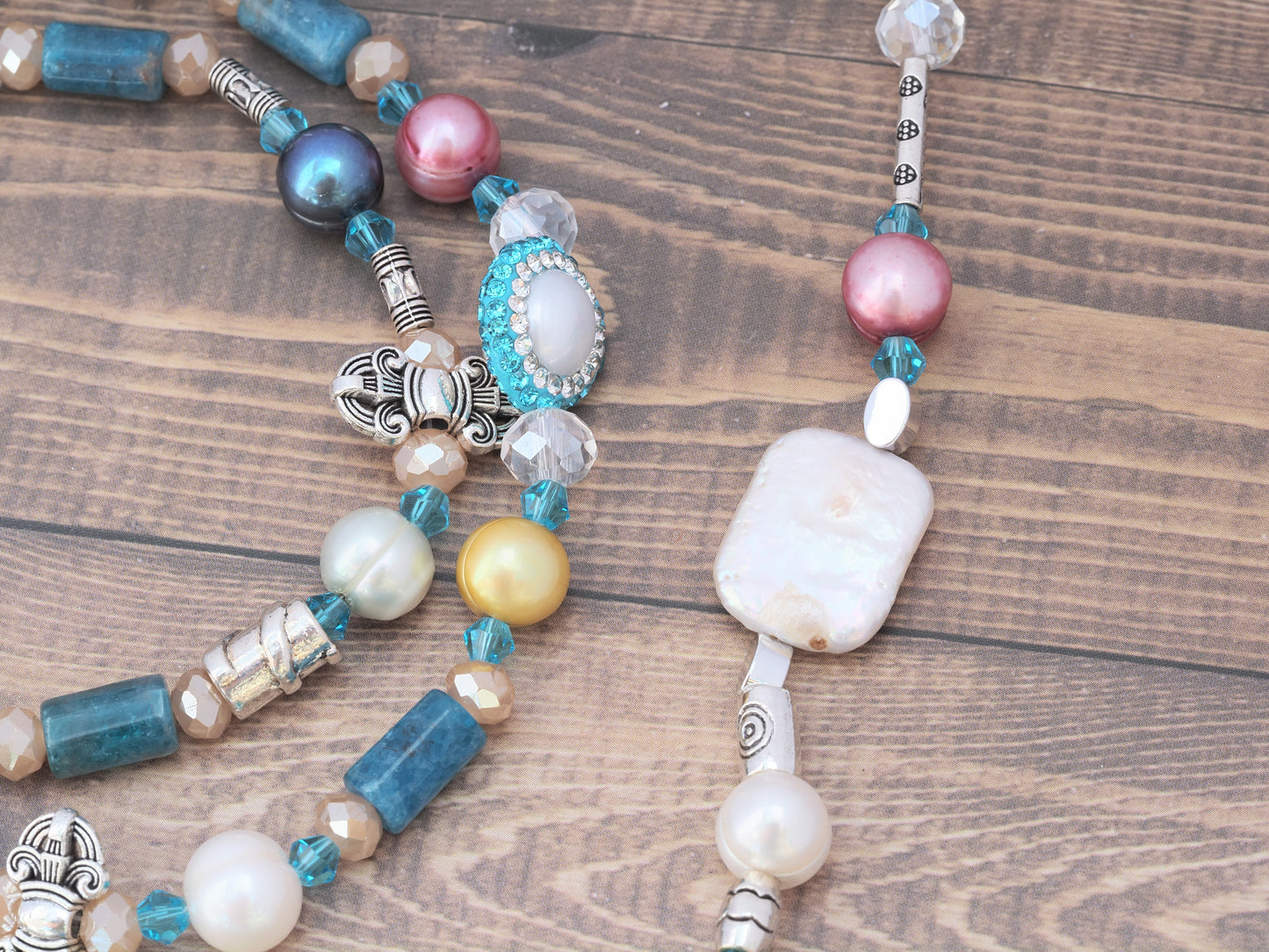 Long Beaded Lariat Wraparound Necklace | Keshi Pearls, Apatite & Crystal | Beaded Tassel Ends | Handmade Boho Luxury Statement Necklace
