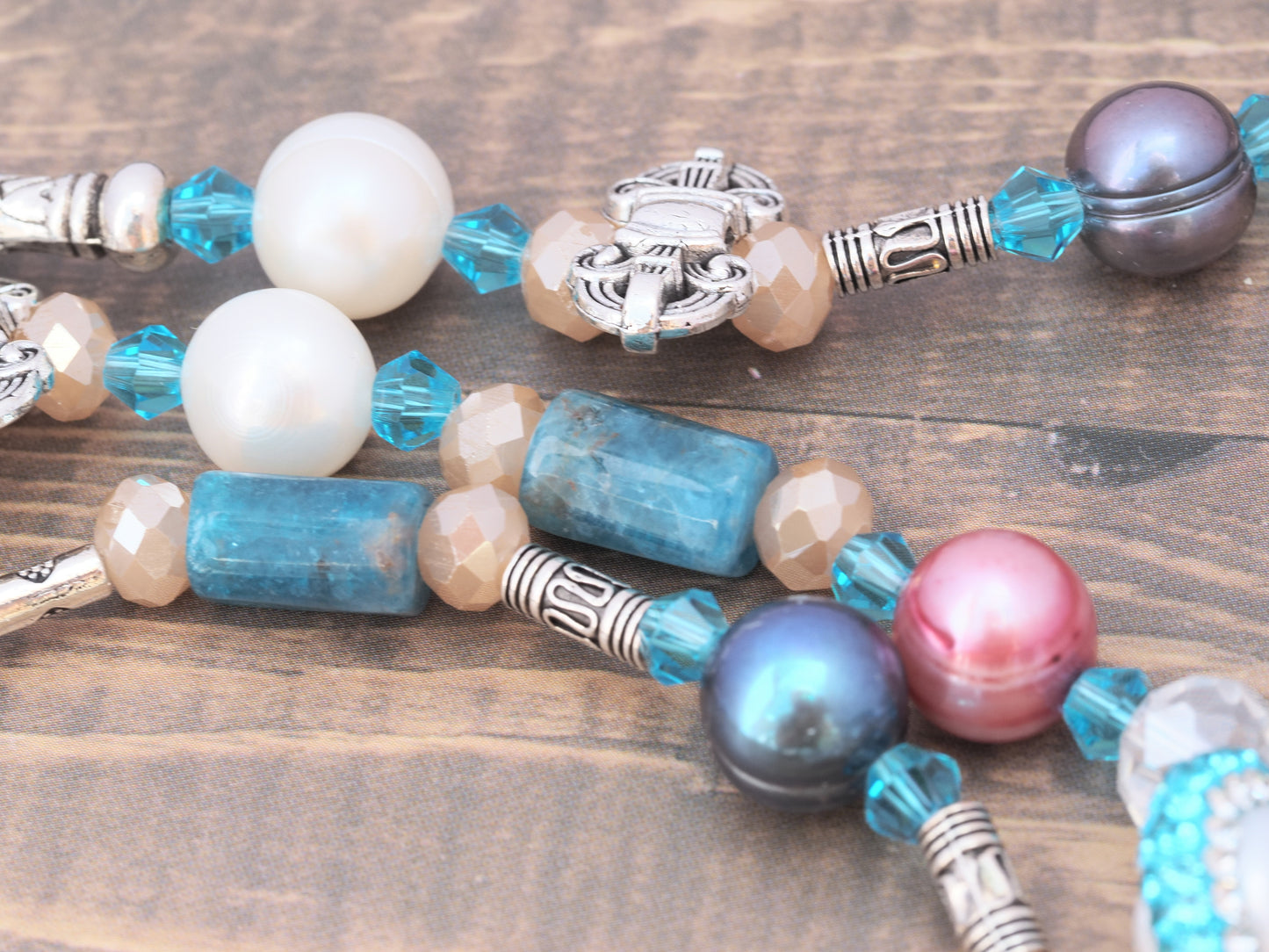 Long Beaded Lariat Wraparound Necklace | Keshi Pearls, Apatite & Crystal | Beaded Tassel Ends | Handmade Boho Luxury Statement Necklace