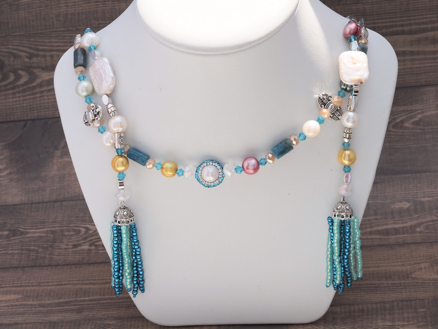 Long Beaded Lariat Wraparound Necklace | Keshi Pearls, Apatite & Crystal | Beaded Tassel Ends | Handmade Boho Luxury Statement Necklace