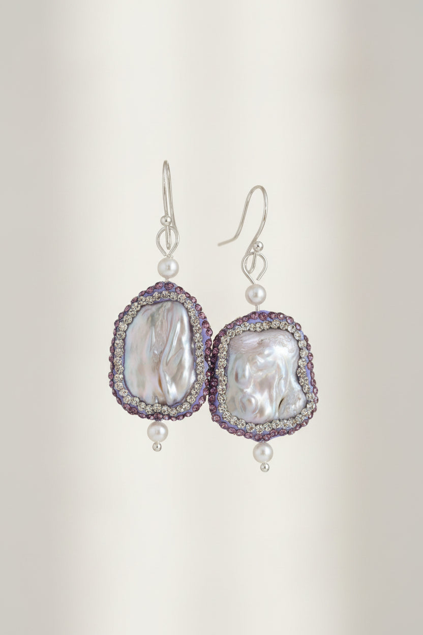 Keshi Pearl Rhinestone Drop Earrings | Purple and Clear Crystal Halo | Silver Plated Hooks | Handmade Statement Earrings