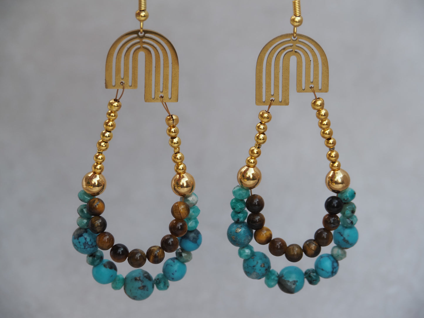 Turquoise and Tiger's Eye Arch Hoop Earrings | Art Deco Gold Connector | Apatite Beads | Handmade Statement Earrings
