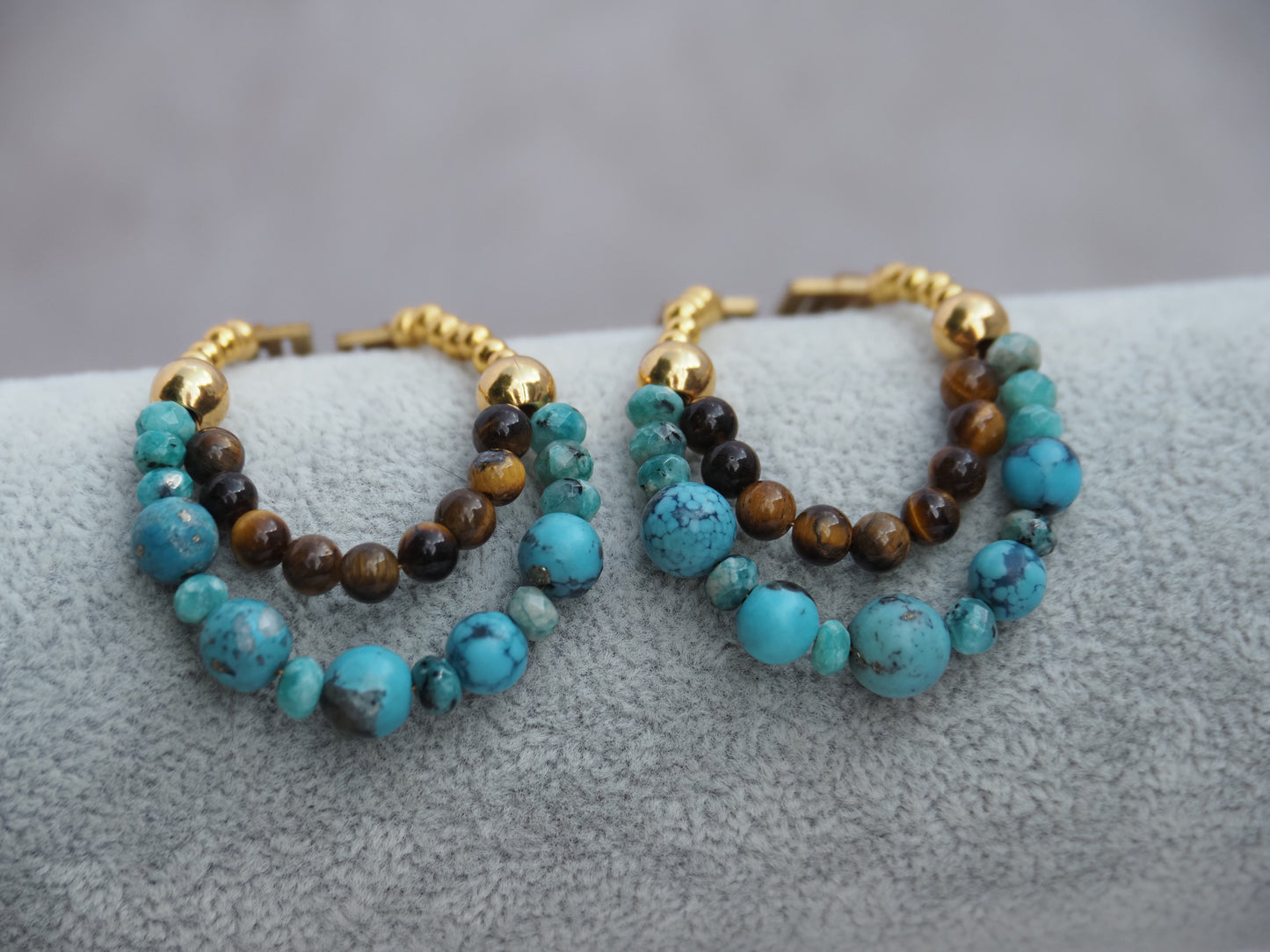 Turquoise and Tiger's Eye Arch Hoop Earrings | Art Deco Gold Connector | Apatite Beads | Handmade Statement Earrings