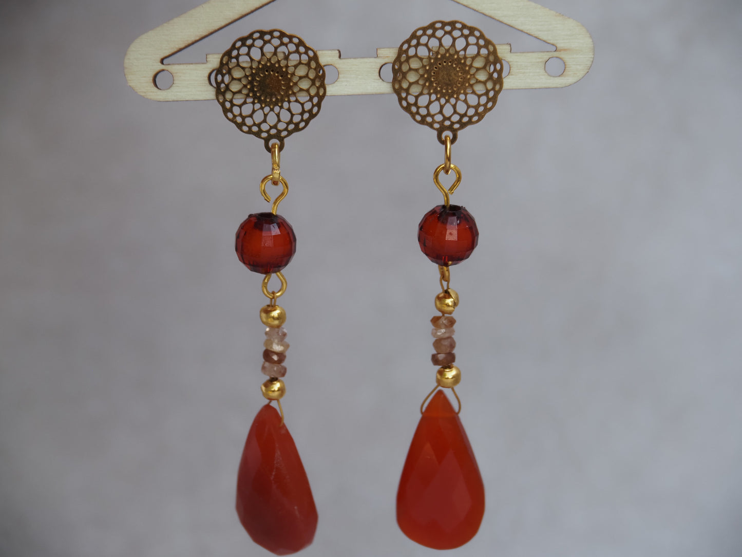 Red Chalcedony and Smoky Crystal Drop Earrings | Mandala Filigree Stud | Gold Plated | Handmade Statement Earrings