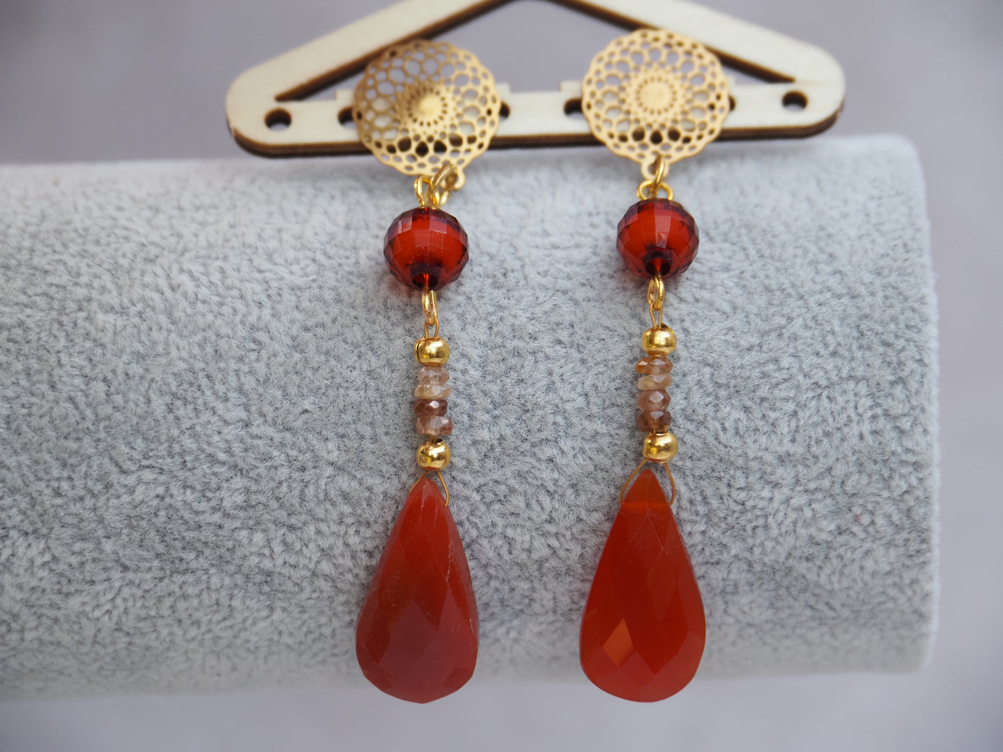 Red Chalcedony and Smoky Crystal Drop Earrings | Mandala Filigree Stud | Gold Plated | Handmade Statement Earrings