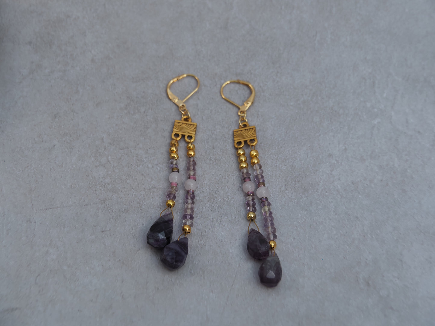 Anahi Ametrine and Blue John Fluorite Drop Earrings | Gold Connector | Lever-Back Ear Wires | Handmade Gemstone Earrings