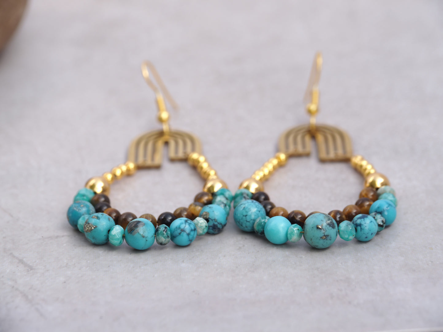 Turquoise and Tiger's Eye Arch Hoop Earrings | Art Deco Gold Connector | Apatite Beads | Handmade Statement Earrings