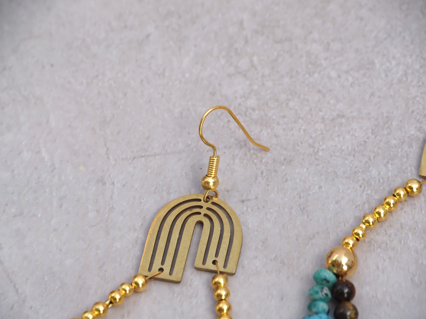 Turquoise and Tiger's Eye Arch Hoop Earrings | Art Deco Gold Connector | Apatite Beads | Handmade Statement Earrings