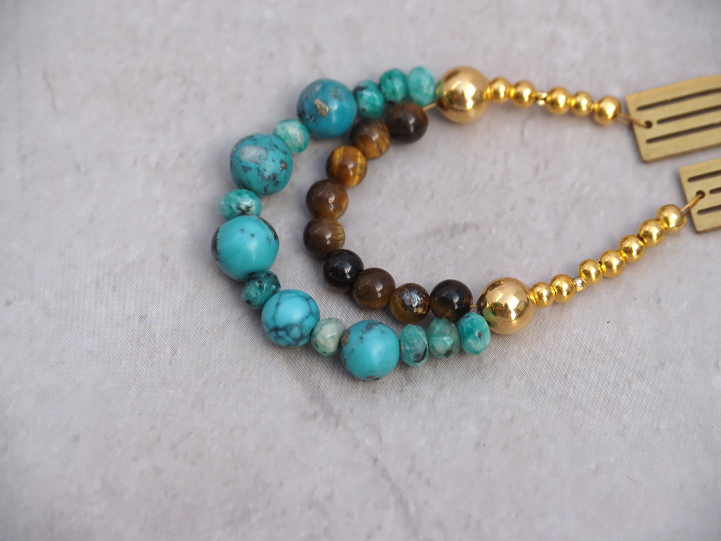 Turquoise and Tiger's Eye Arch Hoop Earrings | Art Deco Gold Connector | Apatite Beads | Handmade Statement Earrings