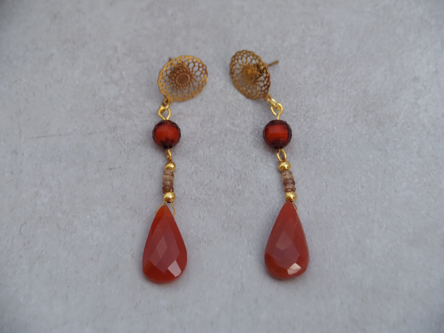 Red Chalcedony and Smoky Crystal Drop Earrings | Mandala Filigree Stud | Gold Plated | Handmade Statement Earrings