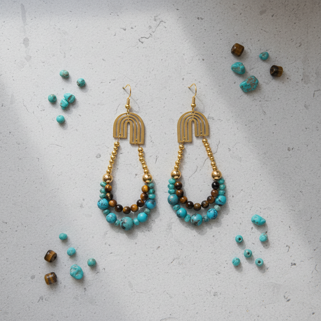 Flat lay of turquoise and tiger's eye boho earrings