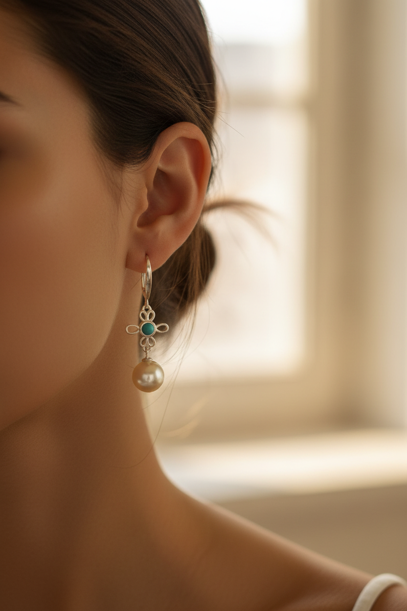 Pearl & Turquoise Filigree Earrings - Lifestyle