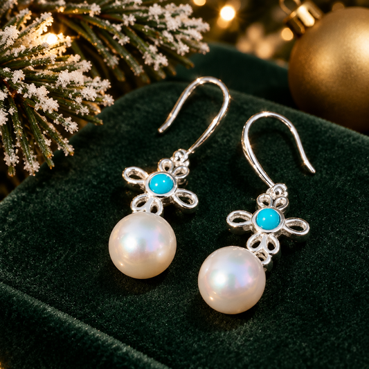 Sterling Silver Turquoise and Pearl Drop Earrings | Filigree Flower | Freshwater Pearl | 925 Silver