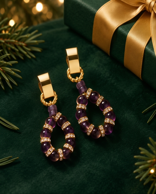 Amethyst and Purple Jasper Drop Earrings | Gold Plated Rhinestone Rondelles | Statement Stud Earrings | Handmade Gemstone Jewellery