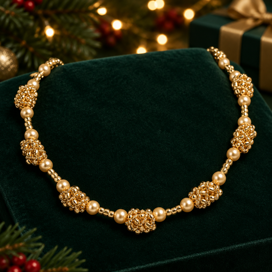 Gold Pearl and Seed Bead Station Necklace | Handwoven Bead Stations | Shell Pearls | Square Toggle Clasp | Handmade