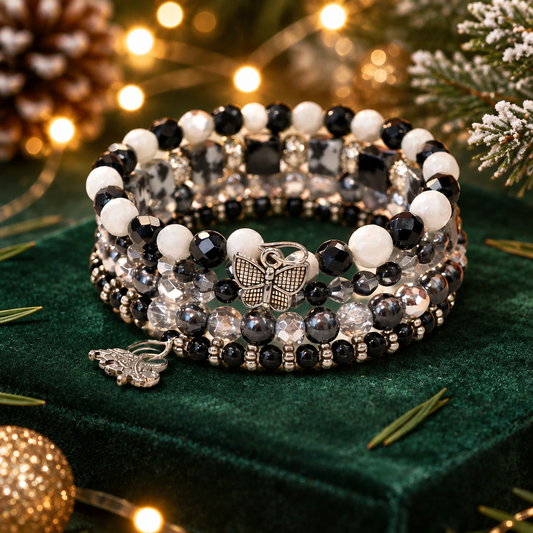 Black and White Memory Wire Stack Bracelet | Butterfly and Elephant Charms | Handmade Multi-Strand Bracelet