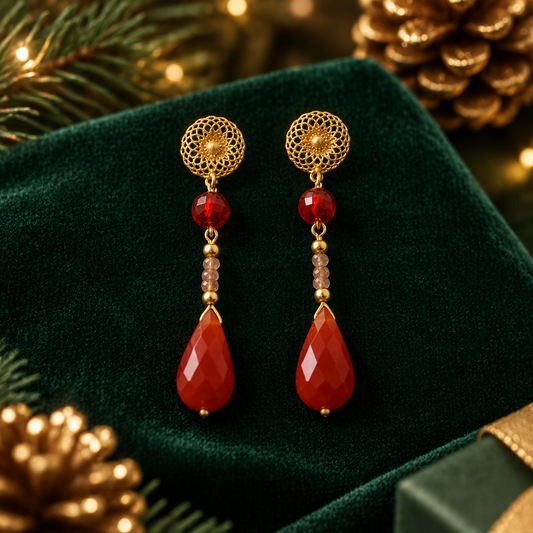 Red Chalcedony and Smoky Crystal Drop Earrings | Mandala Filigree Stud | Gold Plated | Handmade Statement Earrings