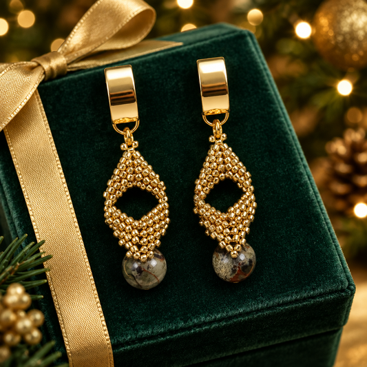 Woven Bead Diamond Drop Earrings | Gold or Silver | Choice of 12mm Gemstone | Handmade Beaded Earrings