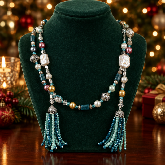 Long Beaded Lariat Wraparound Necklace | Keshi Pearls, Apatite & Crystal | Beaded Tassel Ends | Handmade Boho Luxury Statement Necklace