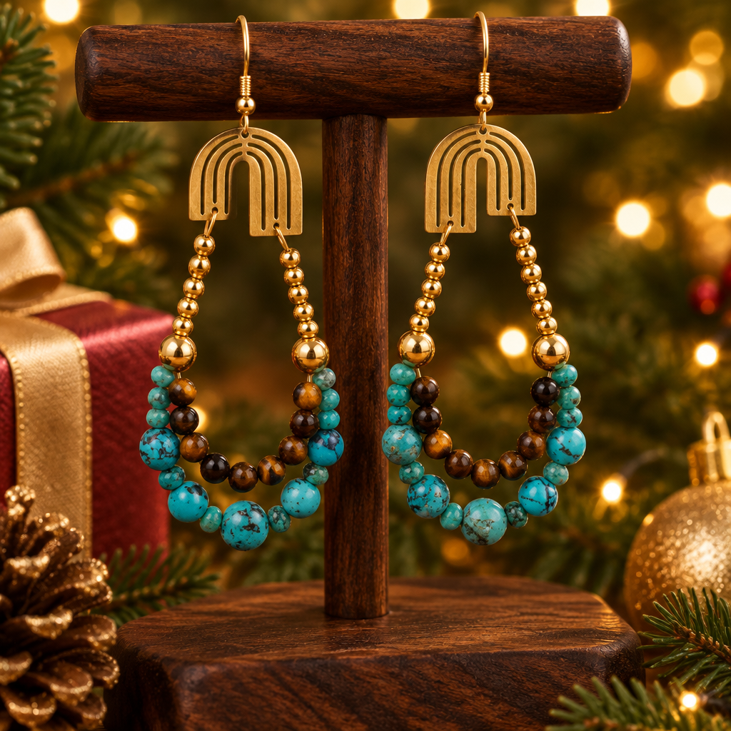 Turquoise and Tiger's Eye Arch Hoop Earrings | Art Deco Gold Connector | Apatite Beads | Handmade Statement Earrings