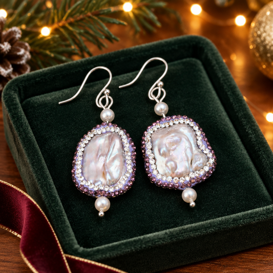 Keshi Pearl Rhinestone Drop Earrings | Purple and Clear Crystal Halo | Silver Plated Hooks | Handmade Statement Earrings