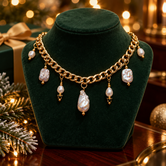 Baroque Pearl Charm Chain Necklace | Gold Plated Curb Chain | Mixed Pearl Drops | Handmade Statement Necklace
