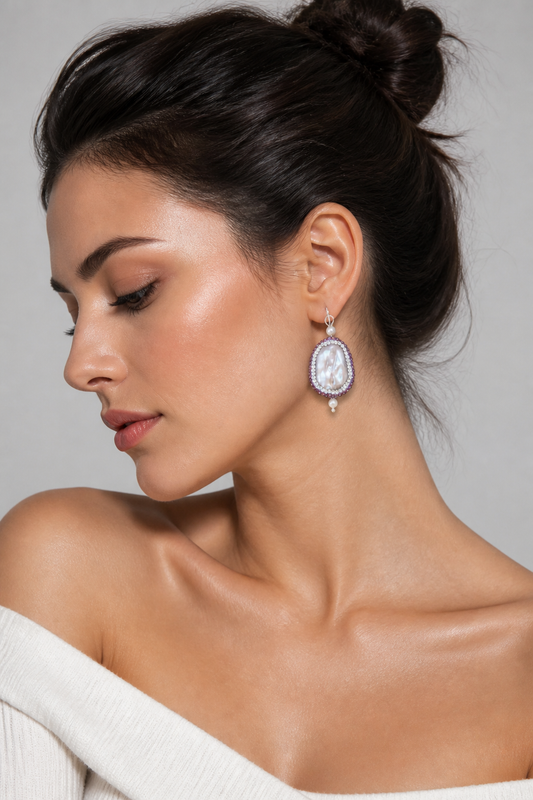 Keshi Pearl Rhinestone Drop Earrings | Purple and Clear Crystal Halo | Silver Plated Hooks | Handmade Statement Earrings