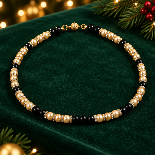 Gold Shell Pearl & Black Agate Necklace | Rhinestone Rondelles | Gold Plated Magnetic Clasp | Handmade Beaded Necklace