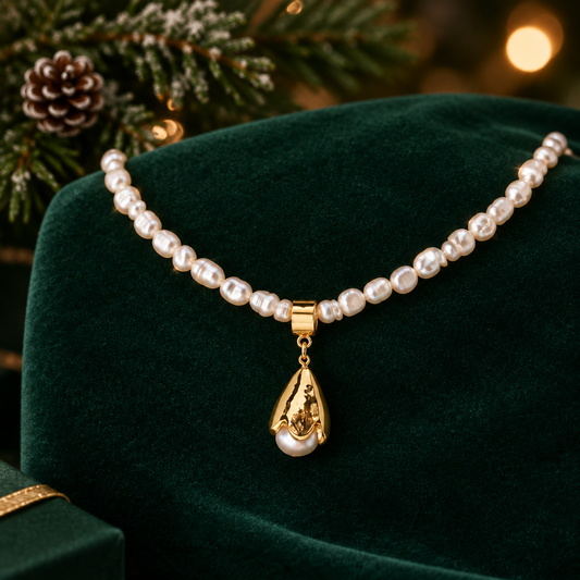 Freshwater Potato Pearl Necklace | Gold Electroplated Pearl Drop Pendant | Tulip Toggle Clasp | Handmade Bridal Necklace