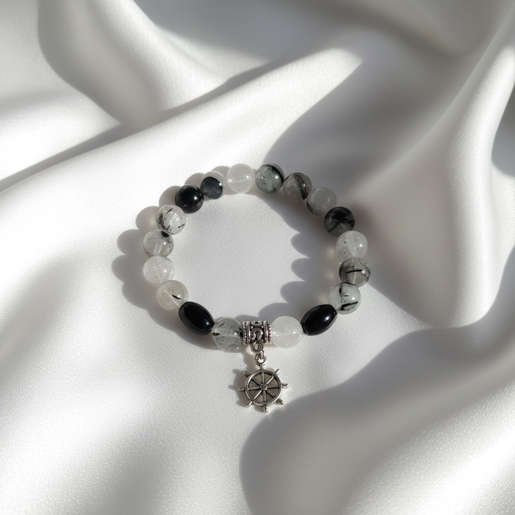 Tourmalinated Quartz & Ship's Wheel Charm Bracelet on White Silk