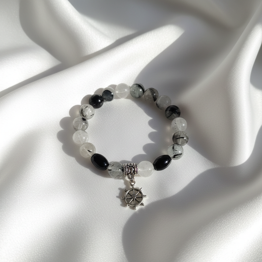 Tourmalinated Quartz & Ship's Wheel Charm Bracelet on White Silk