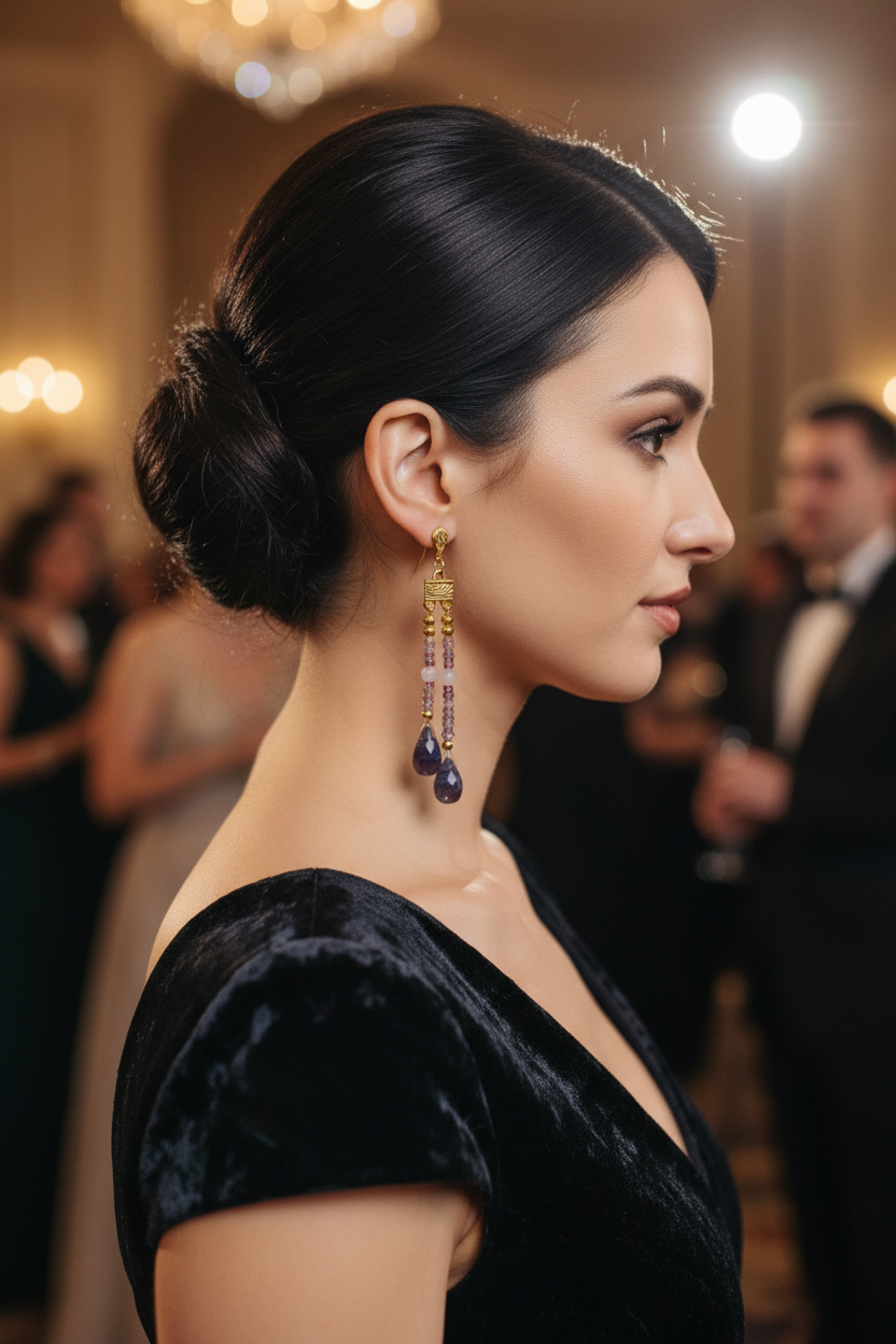 Woman wearing ametrine and Blue John fluorite earrings in formal setting