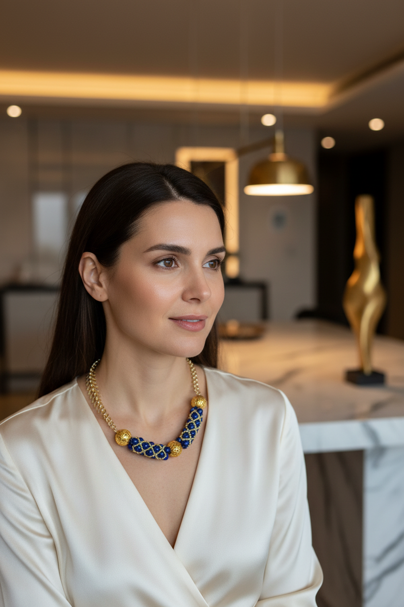 Woman Wearing Blue Gold Necklace Luxury Setting