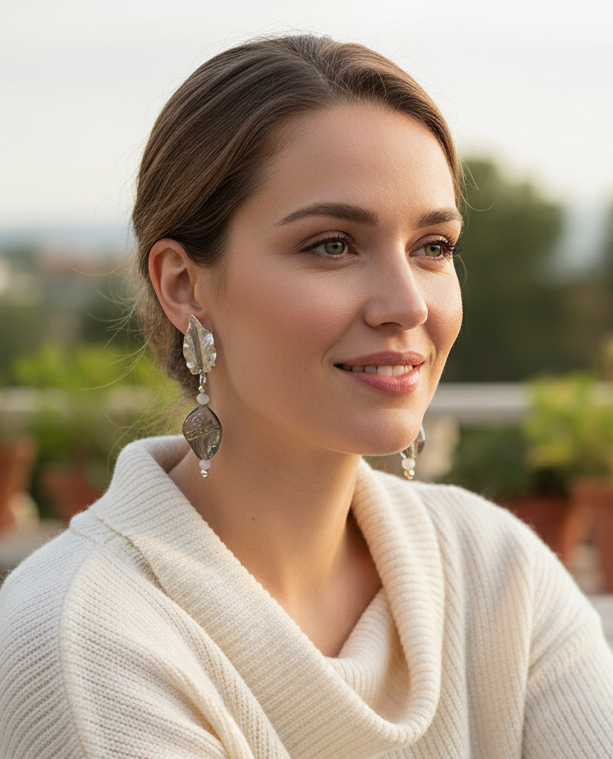 Silver Leaf and Lampwork Glass Drop Earrings | Gold Sand Murano Style | Antique Silver Brass | Handmade Artisan Earrings