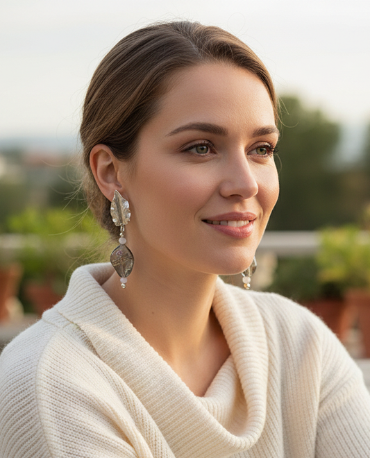 Silver Leaf and Lampwork Glass Drop Earrings | Gold Sand Murano Style | Antique Silver Brass | Handmade Artisan Earrings